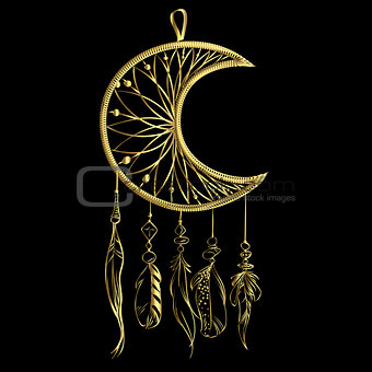Vector illustration with hand drawn dream catcher isolated on a black background. Luxury golden feathers and beads.