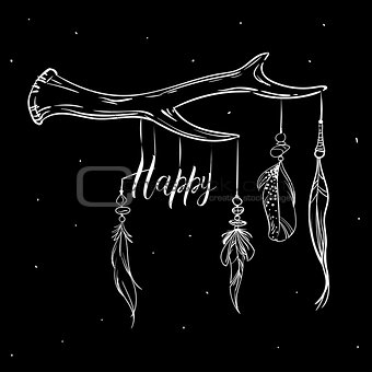 Luxury card with hand drawn ethnic elements isolated on a black background. Branch and feathers, inscription HAPPY. Vector illustration.
