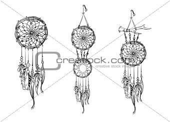 Set of hand drawn dream catchers. Ornate ethnic items, feathers and beads. Monochrome vector illustration.