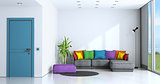 Bright living room with colorful sofa