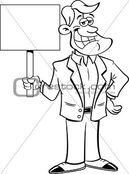Cartoon Smiling Man Holding A Sign.