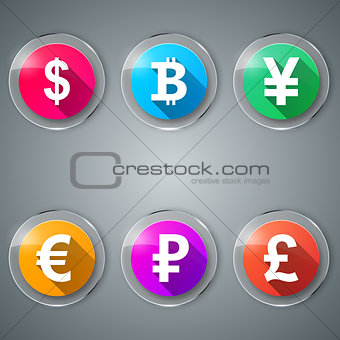 Dollar, Bitcoin, Yen, Euro, Ruble, Pound icon.