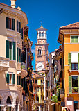 Verona colorful street and Lamberti tower view