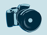 SLR camera, logo in blue tones on a light background