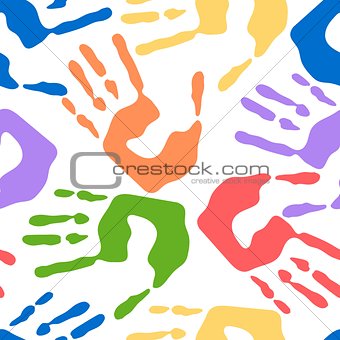Seamless pattern with human handprints, colorful man hand stamps on white background, vector illustration