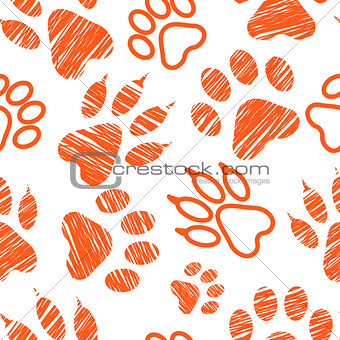 Seamless pattern with animal footprints, pet paw stamps on white background, hatched animal steps, trials and traces, vector illustration