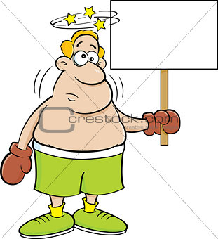 Cartoon boxer holding a sign.
