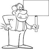 Cartoon old man holding a sign.