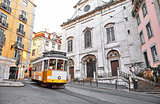 Lisbon, Portugal. Vintage yellow retro tram