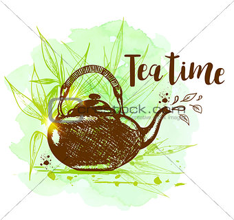 Teapot on a green watercolor background