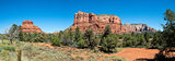 Panorama view of Bell Rock and Courthouse Butte from Red Rock Scenic Byway in Sedona, Arizona