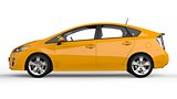 Modern family hybrid car yellow on a white background with a shadow on the ground. 3d rendering.