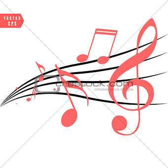 Red Musical notes in flowing design of elements in realistic style, vector illustration