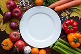 White empty plate and vegetarian vegan diet food top view