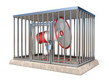 Megaphone inside metal cage 3D render illustration on white back