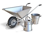 Wheelbarrow with watering can and metal bucket 3D