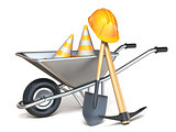 Wheelbarrow with shovel, pickaxe, traffic cones and hardhat 3D