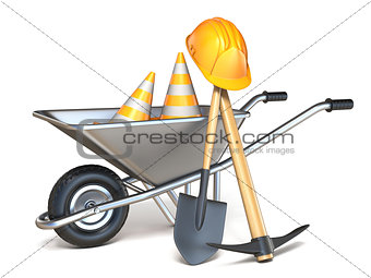 Wheelbarrow with shovel, pickaxe, traffic cones and hardhat 3D