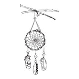 Monochrome vector illustration with hand drawn dream catcher. Ornate ethnic items, feathers and beads.