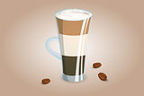 Three layer coffee drink in a transparent cup with milk foam. Unusual coffee serving. Vector illustration.
