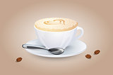 Cappuccino with a heart on milk foam. Popular coffee drink in white cup with saucer and spoon. Vector illustration.