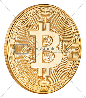 Golden bitcoin cryptocurrency coin isolated on white background