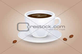 Classic black coffee in a white cup and saucer. Favorite morning drink. Vector illustration.