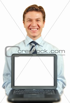 Young businessman presenting a laptop ,screen with clipping path
