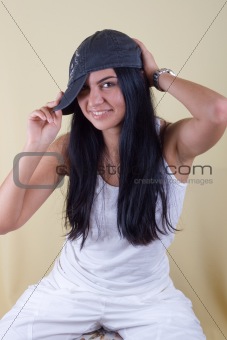 black hair young woman in cap