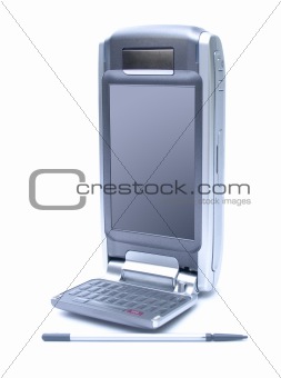 PDA with stylus and flip keyboard on white background