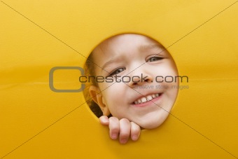 Little girls face through a hole in play equipment