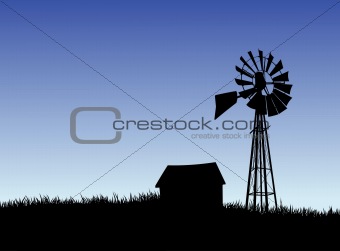 Farm House and Windmill Silhouette
