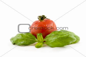 Tomato with basil isolated on white background