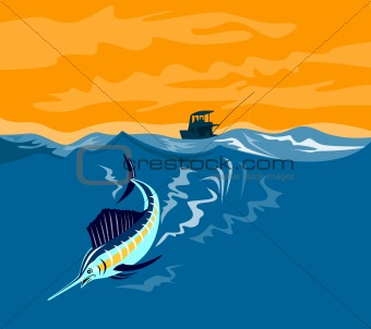 Sailfish diving with boat in background