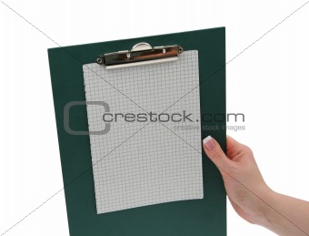 female hand holding a clipboard