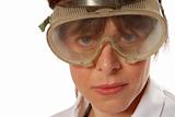 young lady technician in safety goggles