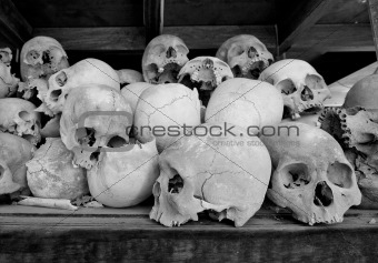 Skulls in the monument at The Killing Fields at Choeung Ek, Cambodia