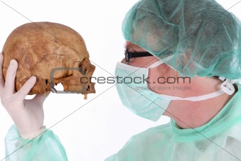 surgeon with skull