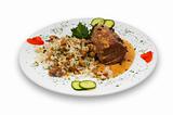fillet stake "pepe verde" with rice and musrooms under special sauce, isolated