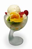 white ice cream decorated with fresh fruits, isolated on white