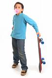 Boy blowing a bubble gum holding a skate
