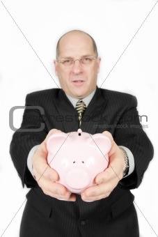 Business Man Holding Piggy Bank
