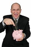 Business Man Pointing to Piggy Bank