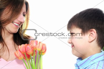 Mother and son with flowers