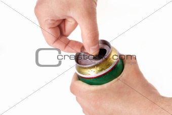 Mans hand opening aluminum beer can