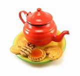 red teapot and biscuits