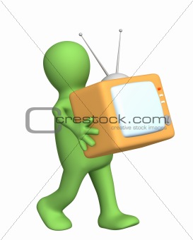 3d puppet, carrying in hands of retro TV