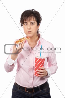 Casual woman eating pizza