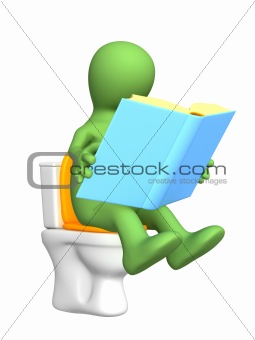 3d puppet, sitting with book on toilet bowl