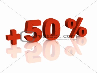 Red 3d inscription - plus of fifty percent